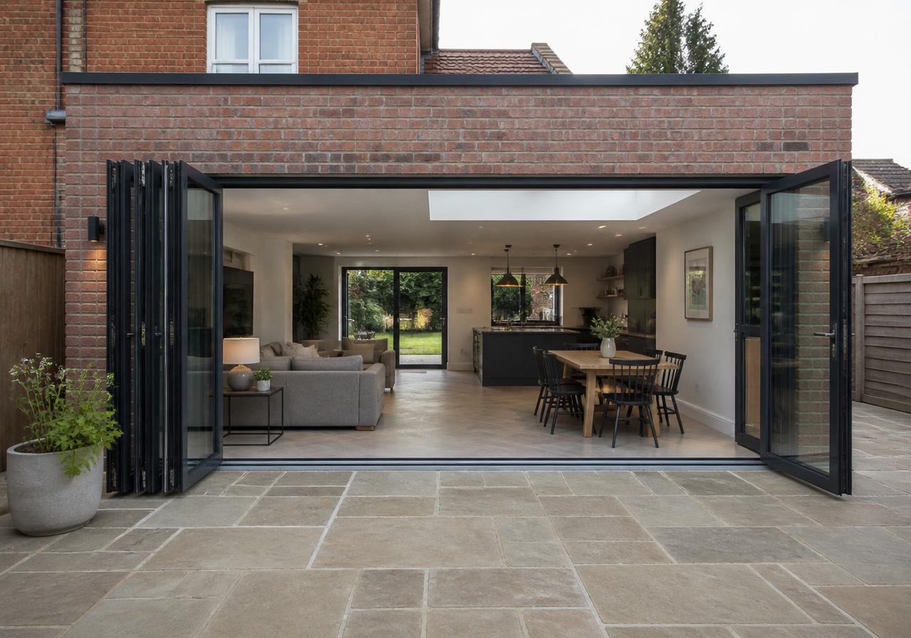 Aluminium bi-fold doors open onto a sandstone patio