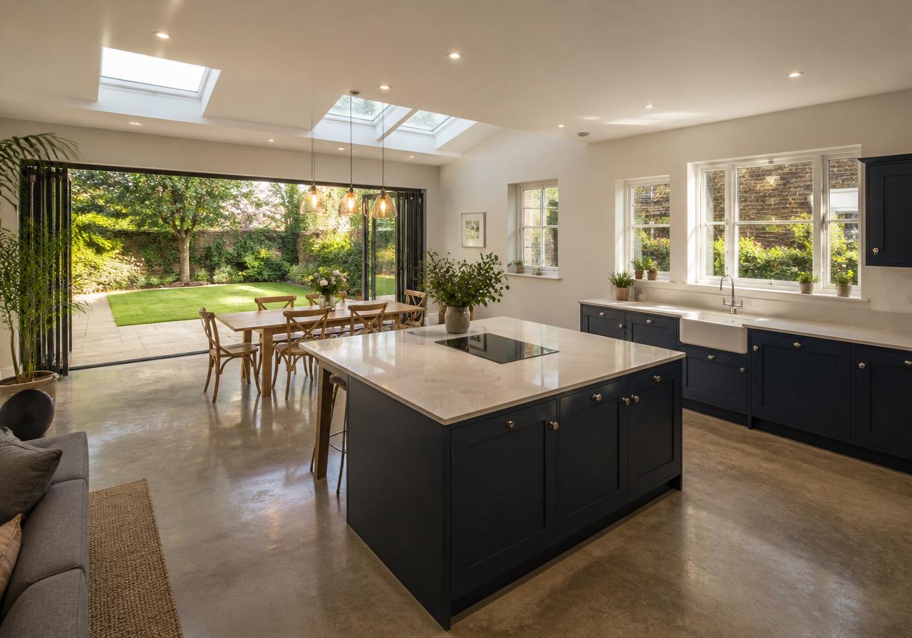 Open-plan kitchen extension with island and rooflights
